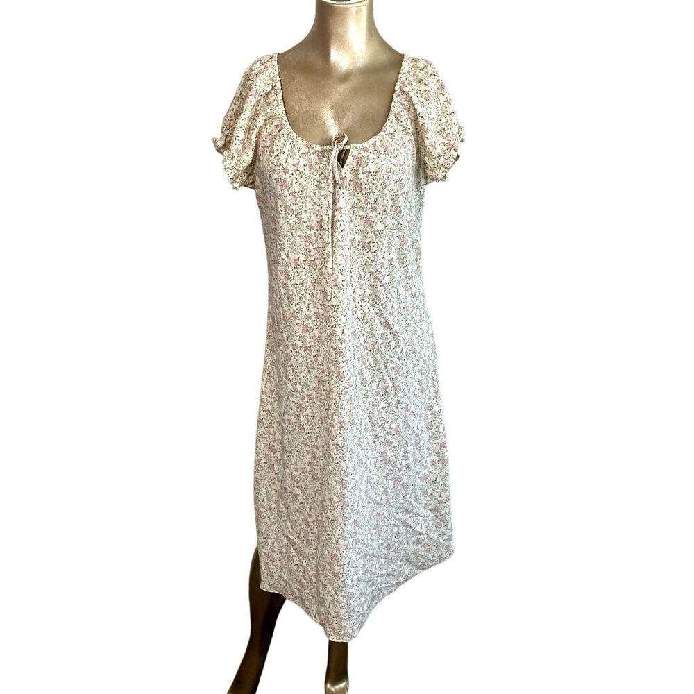 Faded Glory Milkmaid Floral Midi Dress Size L 12/14 Cottagecore Cream Pink
